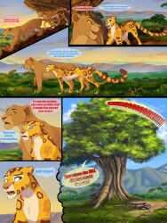 2023 blue_eyes bush cheetah clouds comic comic_page detailed_background disney felid feline female female_only feral feral_only fuli grass green_eyes lion lioness lynxbrush morning mountain nala sfw shrub sky speech_bubble text the_lion_guard the_lion_king tree yellow_fur