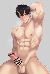 1boy abs arm_behind_head armpit_hair bar_censor bara black_hair blush breath censored completely_nude erection eyeshadow hair_between_eyes highres horns large_pectorals large_penis looking_at_viewer makeup male male_focus male_only muscular muscular_male naya_yuuji nipples nude oni oni_(naya_yuuji) oni_horns original pectorals penis red_eyeshadow scribble shaved_body short_hair shy solo spread_legs stomach sweatdrop thick_thighs thighs yaoi yellow_eyes