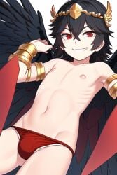 1boy ai_generated angel belly_button brown_hair bulge bulge_through_clothing dark_pit femboy kid_icarus nipples novelai swim_briefs swimsuit topless