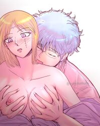 big_breasts blonde_hair blush breast_grab breasts_out class_3-z closed_eyes facial_scar female from_behind gintama gintoki_sakata glasses grabbing_from_behind groping groping_breasts groping_from_behind hair_down licking male no_bra open_shirt purple_eyes seigibathala teacher teachers tongue_out tsukuyo upper_body