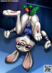 anal_insertion anthro anus anus_spread barefoot bbmbbf bodily_fluids clothing food_insertion food_play humidity judy_hopps licking_lips looking_at_viewer palcomix small_breasts soles toes toon.wtf upside-down wet_pussy zootopia