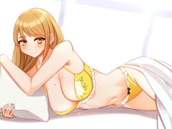 1girls bangs bare_thighs beauty_mark bed bra breasts brown_hair cleavage female female_only fire_emblem fire_emblem_engage goldmary_(fire_emblem) hair_over_shoulder kirby_lord large_breasts light-skinned_female light_skin looking_at_viewer medium_hair mole mole_on_breast nintendo on_bed on_side panties pillow side_ponytail smile solo thighs under_covers underwear yellow_eyes yellow_panties