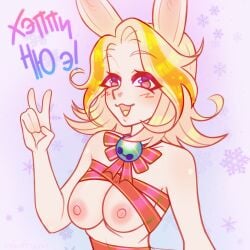 1girls :d bell bell_collar blonde_hair breasts bunny bunny_ears bunny_girl female female_only happy_new_year looking_at_viewer new_year nipples nude rabbit rachel_(velvetbunn) ribbon_bondage ribbons russian_text snowflake v_sign velvetbunn yellow_eyes yellow_sclera