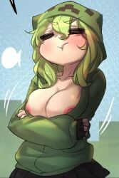 1girls cleavage creeper creeper-chan creeper_girl female female_focus female_only gloves green_hair merryweather minecraft mob_talker nipple_slip skirt tagme