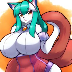 ai_generated amber_eyes anthro big_breasts breasts clothed clothing dezgo_ai female female_only fluffy furry green_hair lingerie looking_at_viewer one_arm orange_background png white_fur