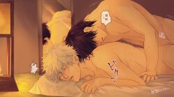 2boys blush closed_eyes completely_nude dark_hair dark_purple_hair from_behind futon gay gintama gintoki_sakata implied_anal indoors japanese_text lantern looking_pleasured male male_only mirror nanroku nude on_bed on_stomach purple_hair reflection sheet_grab sweat takasugi_shinsuke white_hair yaoi