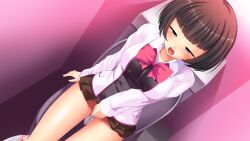 bathroom between_legs blue_eyes blunt_bangs blush bob_cut bow bowtie brown_hair brown_skirt female female_masturbation game_cg half-closed_eyes hand_between_legs jacket long_sleeves masturbation matsudo_saki miniskirt nyotai_inkan open_clothes open_jacket open_mouth panties panties_around_ankles panty_pull pleated_skirt red_bow red_bowtie school_uniform short_hair sitting skirt solo straight_hair underwear white_jacket