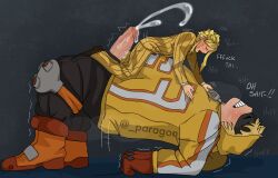 2boys all_might belly bhm big_belly big_penis blonde_hair blush closed_eyes clothed cum cumming ejaculation erect_penis erection fat fatgum gay huge_cock large_penis larger_male male male/male male_only mask my_hero_academia overweight overweight_male panting paragon_(artist) penis riding size_difference smaller_male taishiro_toyomitsu text toshinori_yagi toyomitsu_taishirou yagi_toshinori yaoi