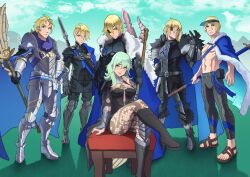 1girls 5boys alternate_costume armor byleth_(fire_emblem) byleth_(fire_emblem)_(female) dekura dimitri_alexandre_blaiddyd female fire_emblem fire_emblem:_three_houses fire_emblem_heroes fire_emblem_warriors:_three_hopes harem imminent_sex lace_stockings leggings male meme multiple_boys multiple_persona official_alternate_costume piper_perri_surrounded reverse_harem shirtless swimwear