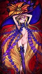 abigail_williams_(fate) abigail_williams_(second_ascension)_(fate) absurdres anorexia armpits arms_up ass_visible_through_thighs blonde_hair blonde_pubic_hair bottomless bow bow_legwear commentary_request crossed_legs emaciated fate/grand_order fate_(series) feet_out_of_frame female female_pubic_hair flat_chest glowing glowing_eyes hat hat_bow highres keyhole large_hat long_hair multiple_bows navel nazo_no_diaboro orange_bow pink_eyes polka_dot polka_dot_bow pubic_hair purple_headwear pussy red_background revealing_clothes ribs single_thighhigh skinny solo thigh_gap thighhighs third_eye tongue tongue_out very_long_hair watson_cross witch_hat