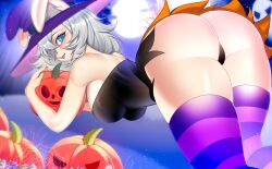 ass ass_up blue_eyes gray_hair kneesocks looking_at_viewer looking_back tagme thick_thighs toytale witch_hat