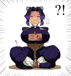 1girls alternate_breast_size arms_behind_back big_breasts bondage demon_slayer female female_only gag gagged kidnapped kimetsu_no_yaiba kochou_shinobu large_breasts rebake-1453 solo unhappy_female