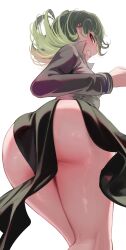 1girls ass breasts bubble_butt dat_ass female female_only green_eyes green_hair huge_ass light-skinned_female light_skin low-angle_view no_panties one-punch_man short_hair simple_background small_breasts solo tatsumaki thighs torriet white_background