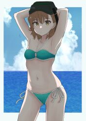 1girls 2020s 2022 armpits arms_behind_head bare_thighs bikini breasts brown_eyes brown_hair clone cloud collarbone day female green_bikini green_swimsuit haru_inoue head_mounted_display hi_res hips looking_at_viewer matching_hair/eyes midriff misaka_imouto navel ocean outdoors shadow short_hair sky small_breasts solo standing swimsuit teenage_girl teenager thighs to_aru_kagaku_no_railgun to_aru_majutsu_no_index water young