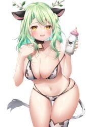 1girls animal_ears baby_bottle belly_button bikini blush ceres_fauna cleavage cow_ears cow_girl cow_print cow_print_bikini cow_tail cowbell feather_ouo_(may65879) female female_only green_hair hololive hololive_english hololive_english_-council- hololive_english_-promise- light-skinned_female light_skin milk simple_background solo tail virtual_youtuber white_background yellow_eyes