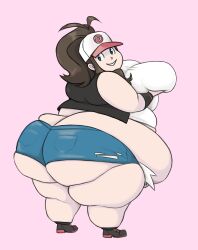 1girls 2016 ass ass_focus back_fat bbw belly belly_overhang big_ass big_belly big_breasts big_butt black_shoes black_sweater blue_eyes blue_shorts booty_shorts breast_grab breasts breasts_bigger_than_head breasts_grab breasts_visible_through_clothing brown_hair chubby chubby_female digital_art digital_drawing_(artwork) digital_media_(artwork) fat fat_arms fat_belly fat_folds fat_rolls fat_thighs fat_woman female female_focus female_only game_freak hi_res highres hilda_(pokemon) holding_breast huge_ass huge_belly huge_breasts huge_butt huge_thighs jean_shorts jelliroll light-skinned_female nintendo obese obese_female pink_background pokemon pokemon_bw ripped_clothing ripped_shorts sideboob smile smiling ssbbw thick thick_ass thick_hips thick_legs thick_thighs thighs thunder_thighs white_hat white_shirt