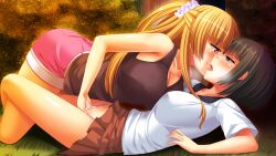 2girls arched_back bare_legs black_shirt blonde_hair blue_eyes breasts brown_eyes brown_hair brown_skirt cleavage closed_mouth collarbone covered_nipples eye_contact fingering game_cg hair_ornament hair_scrunchie imminent_kiss large_breasts long_hair looking_at_another lying matsudo_saki medium_hair miniskirt multiple_girls nyotai_inkan on_back open_mouth outdoors panties panty_pull pink_shorts pleated_skirt pussy_juice sasazuka_eri scrunchie shiny_skin shirt short_shorts shorts skirt sleeveless sleeveless_shirt straight_hair underwear very_long_hair white_panties white_scrunchie white_shirt yuri