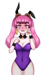 1girls @_@ animal_ears bear_ears bear_girl blush bunnysuit druilla_kuma embarrassed face_blush fake_animal_ears fake_rabbit_ears fangs female female_only fishnets indie_virtual_youtuber jaweenies light-skinned_female light_skin pink_eyes pink_hair simple_background solo twintails vampire vampire_girl virtual_youtuber white_background