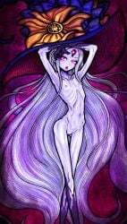 3_eyes abigail_williams_(fate) abigail_williams_(third_ascension)_(fate) absurdres anorexia armpits arms_up ass_visible_through_thighs bow colored_skin commentary_request completely_nude crossed_legs emaciated fate/grand_order fate_(series) feet_out_of_frame female female_pubic_hair flat_chest glowing glowing_eyes hat hat_bow highres keyhole large_hat long_hair multi_eye multiple_bows navel nazo_no_diaboro nude orange_bow pink_eyes polka_dot polka_dot_bow pubic_hair purple_background purple_headwear pussy ribs skinny solo thigh_gap tongue tongue_out very_long_hair watson_cross white_hair white_pubic_hair white_skin witch_hat