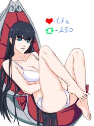 1girls black_hair blue_eyes bra breasts chair female kill_la_kill kiryuuin_satsuki legs legs_up long_hair medium_breasts on_chair panties simple_background sitting strip_game tagme thick_eyebrows underwear urustamu white_background