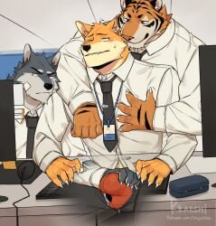 5_fingers anthro anthro_on_anthro bulge canid canine claws clothed clothing countershade_face countershade_fur countershading felid fingers fur gakujo group hi_res interspecies male male/male mammal necktie orange_body orange_fur pantherine tiger trio