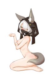 1girls 2023 animal_ear_fluff animal_ears arknights ass bare_legs bare_thighs barefoot blush breasts fox_ears fox_girl fox_tail hood looking_at_viewer mask natori_biu nude posing sargon_contract_assassin short_hair simple_background sitting solo white_hair yellow_eyes