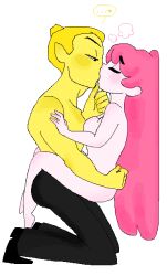 1boy 1girls 2014 adventure_time against_wall barefoot blush cartoon_network closed_eyes earl_lemongrab eyebrows_visible_through_hair full_body hand_on_face hugging kissing long_hair lowres male muscular muscular_male no_background nude nude_male pants ponytail princess_bubblegum shamechan shoes short_hair sideboob text_bubble topless_male