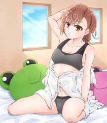 1girls 2020s 2022 bare_legs bare_shoulders bed_sheet black_bra black_panties boxer_briefs bra breasts briefs cleavage collarbone female full_body gekota hair_flower hair_ornament hi_res indoors kneeling legs_spread light_blush looking_at_viewer loose_socks midriff misaka_mikoto navel on_bed open_shirt panties properness_(artist) shirt small_breasts socks solo sports_bra stuffed_animal teenage_girl teenager to_aru_kagaku_no_railgun to_aru_majutsu_no_index underwear white_socks young