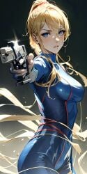 ai_generated blonde_hair blue_eyes bodysuit curvaceous curvy gun highres indoors medium_breasts metroid mole mole_under_mouth nai_diffusion navel_visible_through_clothes pointing_at_viewer pointing_gun pointing_gun_at_viewer ponytail samus_aran