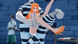 1girls 2boys1girl 3boys 3d 3d_(artwork) ambiguous_penetration clothed_male_nude_female double_penetration female high_heels implied_double_penetration long_hair male mmf_threesome nami one_piece orange_hair post-timeskip prison_clothes prisoner raftellx rape self_upload stand_and_carry_position standing standing_sex striped_clothing suspended_double_penetration