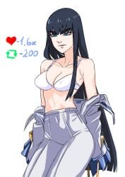 1girls black_hair blue_eyes bra breasts female kill_la_kill kiryuuin_satsuki long_hair medium_breasts pants simple_background strip_game tagme thick_eyebrows underwear undressing urustamu white_background