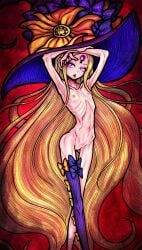 abigail_williams_(fate) abigail_williams_(second_ascension)_(fate) absurdres anorexia armpits arms_up ass_visible_through_thighs blonde_hair blonde_pubic_hair bow bow_legwear commentary_request crossed_legs emaciated fate/grand_order fate_(series) feet_out_of_frame female female_pubic_hair flat_chest glowing glowing_eyes hat hat_bow highres keyhole large_hat long_hair multiple_bows navel nazo_no_diaboro nude orange_bow pink_eyes polka_dot polka_dot_bow pubic_hair purple_headwear pussy red_background ribs single_thighhigh skinny solo thigh_gap thighhighs third_eye tongue tongue_out very_long_hair watson_cross witch_hat