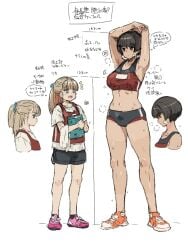 2girls :d arms_on_head arms_up bandaid bandaid_on_arm bandaid_on_cheek bandaid_on_face bare_legs black_shorts blank_speech_bubble blonde_hair blue_bow blue_eyes bob_cut bow breasts brown_eyes brown_hair clipboard comparison full_body gym_shorts gym_uniform hair_ribbon heart height_difference highres holding holding_clipboard holding_towel kei_(m_k) large_breasts looking_at_another looking_down m_k medium_hair multiple_girls navel notice_lines original ponytail profile red_vest ribbon rika_(m_k) shirt shoes short_hair shorts smile sneakers speech_bubble sports_bra standing sweat t-shirt tall tall_female tan tanlines teeth thought_bubble towel towel_on_arm translation_request upper_teeth_only vest white_background white_shirt
