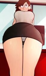 arkeus black_skin blush blush breasts brown_eyes brown_hair hilda_(series) johanna_(hilda) large_breasts light-skinned_female light_skin nervous_face panties scared scared_face skirt underwear white_panties white_sweater white_underwear wide_hips