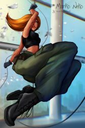 1girls action_pose blood breaking_glass clothed disney disney_channel female female_only glass jumping kim_possible kimberly_ann_possible marikoneko marikoneko0 solo swinging wound wounded