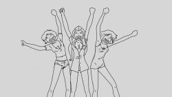 alex_(totally_spies) arms_up black_and_white breasts breasts_out clover_(totally_spies) fist_up happy nipples nipples_visible_through_clothing pussy pussy_peek revealing_clothes sam_(totally_spies) see-through see-through_clothing slutty_outfit smile smiling standing sunnie totally_spies
