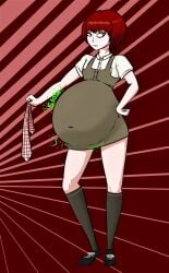 1girls big_belly bloated_belly danganronpa danganronpa_2:_goodbye_despair digestion digestion_noises dranthule embarrassed fat freckles full_belly koizumi_mahiru looking_away red_hair straight_hair stuffed_belly tie