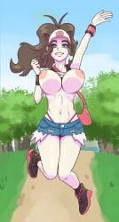 boss_bucket breasts brown_hair female hat hilda_(pokemon) outside pokemon shorts