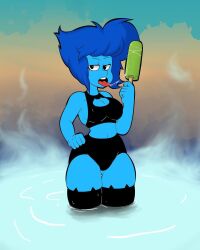 bikini bikini_bottom bikini_top boob_window gem_(species) in_water lapis_lazuli_(gem) lapis_lazuli_(steven_universe) peppyrobo popsicle popsicle_in_mouth popsicle_melting spit steven_universe thigh_highs thighhighs tongue water