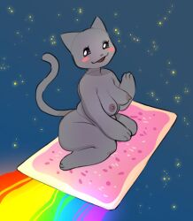 1girls :3 blush feline female female_only food furry glacierclear gray_body looking_at_viewer naked nude nyan_cat nyan_cat:_lost_in_space open_mouth pop-tarts poptart rainbow silly_cats sitting smile solo space stars