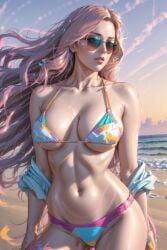 1girls ai_generated bikini blue-tinted_eyewear brown-tinted_eyewear curvaceous curvy_body curvy_female curvy_figure glasses hi_res high_resolution huge_breasts long_hair pink_hair seductive_look stable_diffusion sunglasses tinted_eyewear