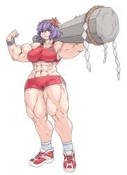 1girls abs blue_hair female grin kanako_yasaka lifting looking_at_viewer muscular_female muscular_thighs red_eyes sheepapp sneakers sportswear touhou training white_background workout