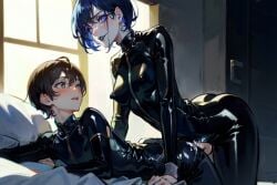 1boy 1futa ai_generated all_fours anal anal_sex black_bodysuit bodysuit braindanxxx catsuit clothing_cutout covered_erect_nipples covered_nipples crotch_cutout cum cum_in_ass cum_inside cum_while_penetrated cute_male doggy_style ejaculation erect_nipples femdom from_behind futa_on_top futa_penetrating_male futa_with_male futadom futanari futanari_penetrating futanari_penetrating_male haughty_face haughty_smile implied_futanari implied_sex latex latex_bodysuit latex_catsuit latex_clothing latex_suit makeup male_penetrated on_bed pegging pleasure_face pleasured sex sex_from_behind shiny_clothes short_hair small_breasts smile stable_diffusion submissive_male