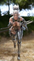 3d athletic blue_eyes chaotic_lewd dark_elf dark_elf_blader elf elf_ears female female_only female_protagonist pointy_ears running self_upload skimpy_armor unconvincing_armor watermark white_hair