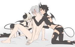 3boys alikurai arched_back blush crossdressing demon demon_horns femboy gay girly imminent_sex katsuki_yuuri legs_spread male_only naked nude open_mouth tagme viktor_nikiforov yaoi yuri!!!_on_ice yuri_plisetsky