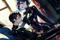 1boy 1futa ai_generated anal anal_sex anime_style bodysuit braindanxxx catsuit closed_eyes cum cum_drip cum_in_ass cum_inside cum_while_penetrated cute_male ejaculation ejaculation_while_penetrated erect_nipples erect_penis erection femdom futa_on_male futadom futanari harness haughty_face haughty_smile jerking latex latex_bodysuit latex_catsuit latex_clothing latex_gloves latex_harness licking licking_nipples makeup masturbation missionary_position nipple_lick nipple_licking spread_legs stable_diffusion submissive_male