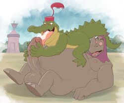 anthro anti_dev balls big_penis boner captain_crocodile crocodile disney erection furry licking_penis male male_only nude overweight penis rhino_guard rhinoceros robin_hood_(disney)