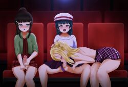 1girls 2futas blush cinema danzfloor female futa_on_female futanari hand_on_head kurosawa_dia light-skinned_female light_skin love_live! masturbating_while_watching movie_theater ohara_mari oral partially_nude_female penis tsushima_yoshiko watching