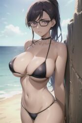 ai_generated beach bikini black_bikini breasts choker day edosynf female glasses highres hizuru_minakata large_breasts looking_at_viewer minakata_hizuru navel ocean shore solo summertime_render swimsuit