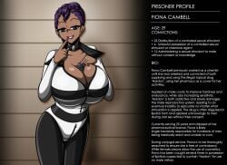 1girls 2d 5_fingers big_breasts collar dark-skinned_female dark_skin english_text female female_only femdom femdom_caption large_breasts lipstick nail_polish neocorona prison_uniform prisoner purple_hair solo solo_female tagme text